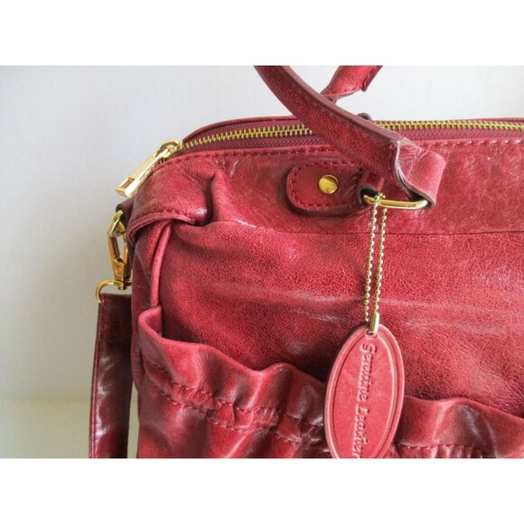 *PELLE Cranberry Red Satchel Tote XL Ruched Pebbled Leather 2-Way + Portfolio - Picture 4 of 13
